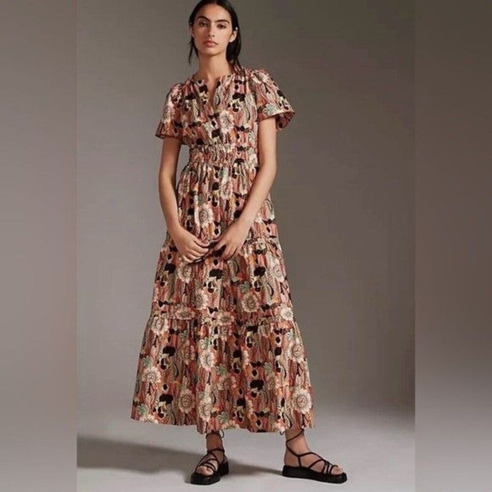 Maeve Floral Tiered Midi Dress in Rust and Black